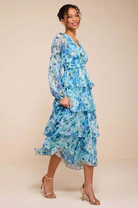 Macy Light Blue Multi Floral Tiered Midi Dress sold by Lulus product image thumbnail 4