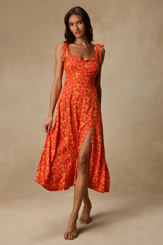 Dara Orange Multi Floral Tie-Strap Midi Dress made by Lulus