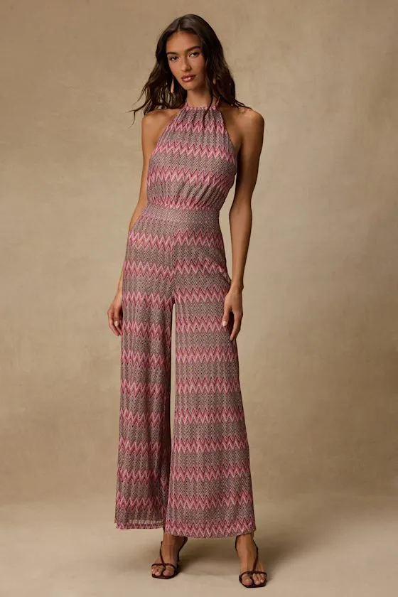 Shar Pink Multi Crochet Knit Backless Jumpsuit sold by Lulus