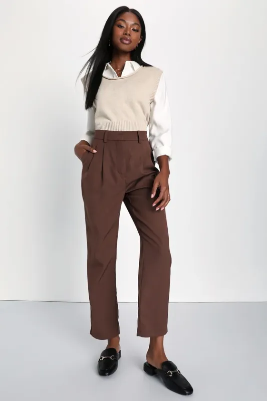 Posh Promotion Brown Twill High Rise Tapered Trouser Pants made by Lulus