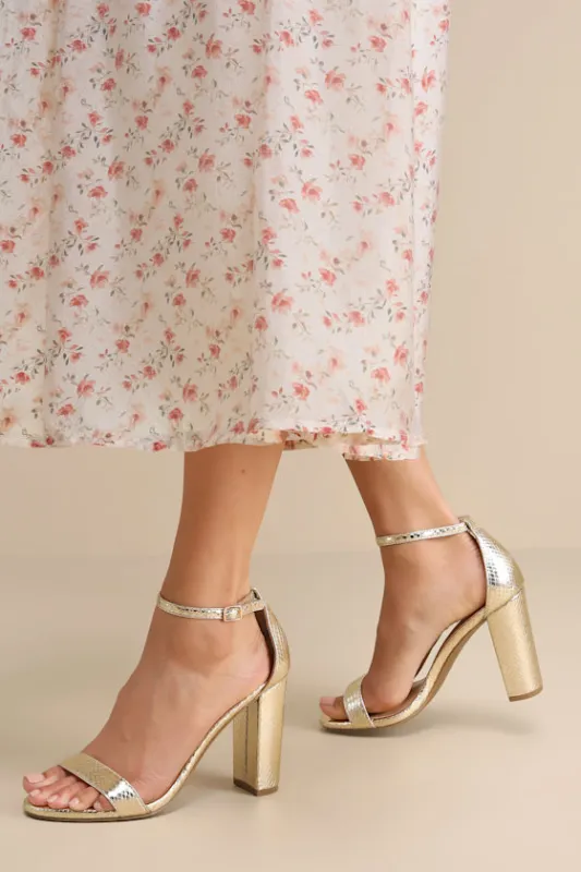 Taylor Light Gold Snake-Embossed Ankle Strap Heels made by Lulus