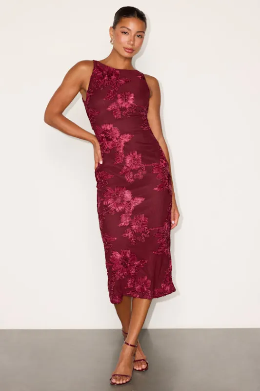 Taylin Berry Red Floral Applique Backless Midi Dress made by Lulus