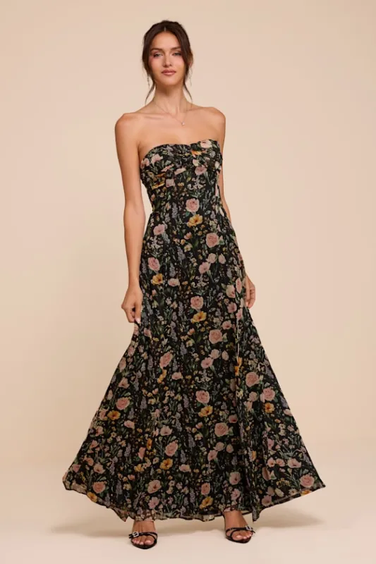 Kamalia Black Multi Floral Strapless Maxi Dress made by Lulus