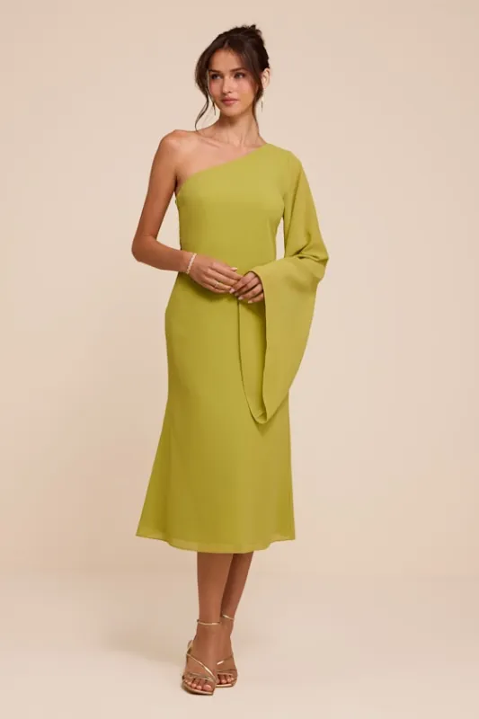 Elizabeth Chartreuse One-Shoulder Bell Sleeve Midi Dress made by Lulus