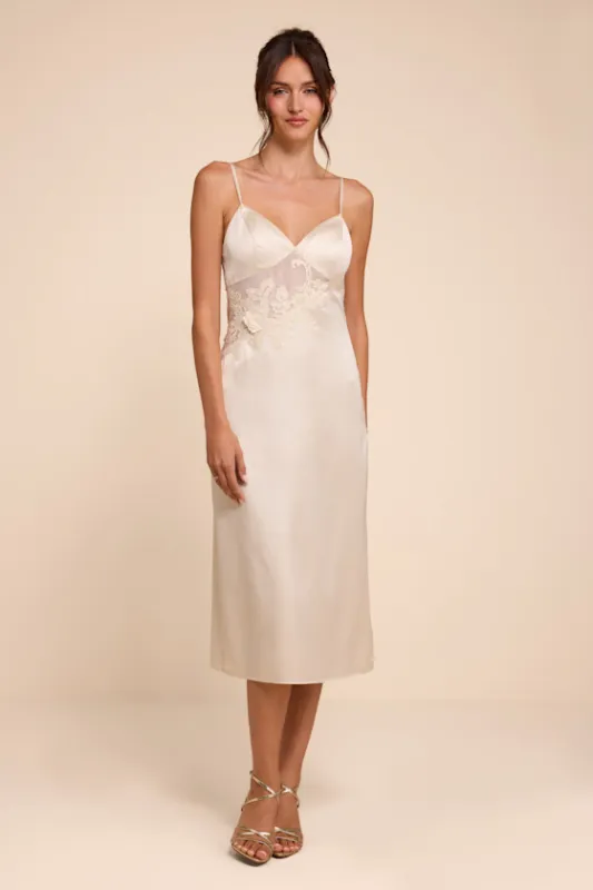 Kimberly Cream Satin Crochet Lace Slip Midi Dress made by Lulus