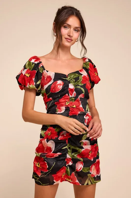 Sahana Black Multi Floral Ruched Mini Dress made by Lulus
