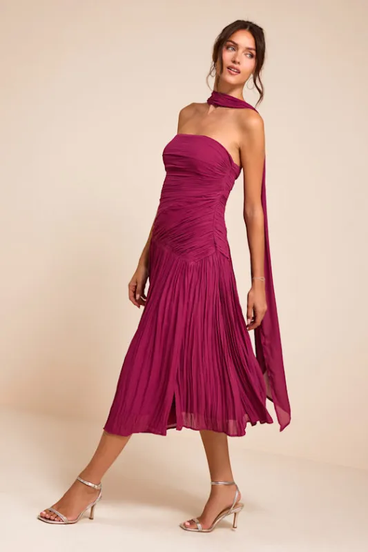 Nellie Berry Pink Pleated Midi Dress and Scarf Set made by Lulus