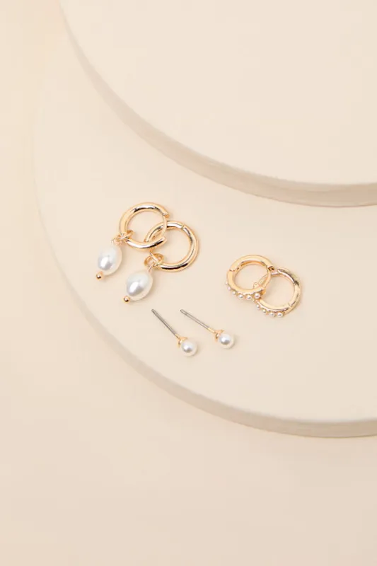 Fia Gold Pearl Three-Pair Earring Set made by Lulus