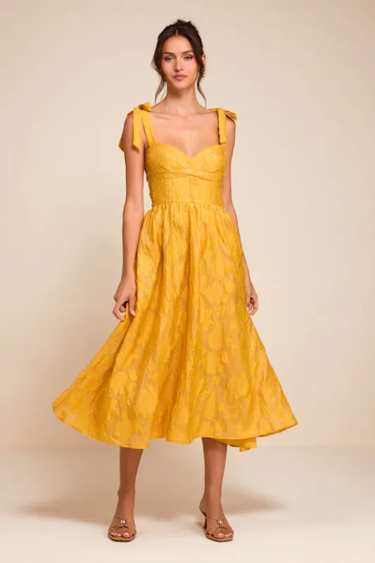 Loveliest Muse Yellow Burnout Floral Tie-Strap Midi Dress made by Lulus