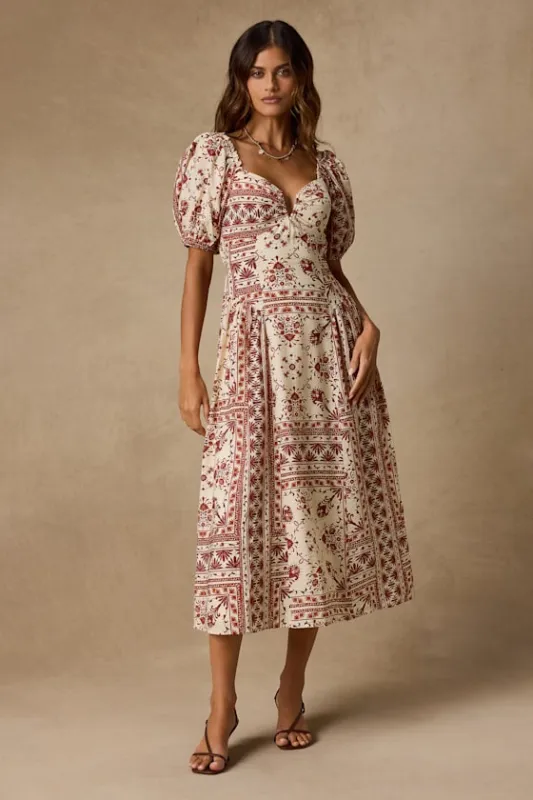Lucia Cream and Rust Boho Print Midi Dress made by Lulus