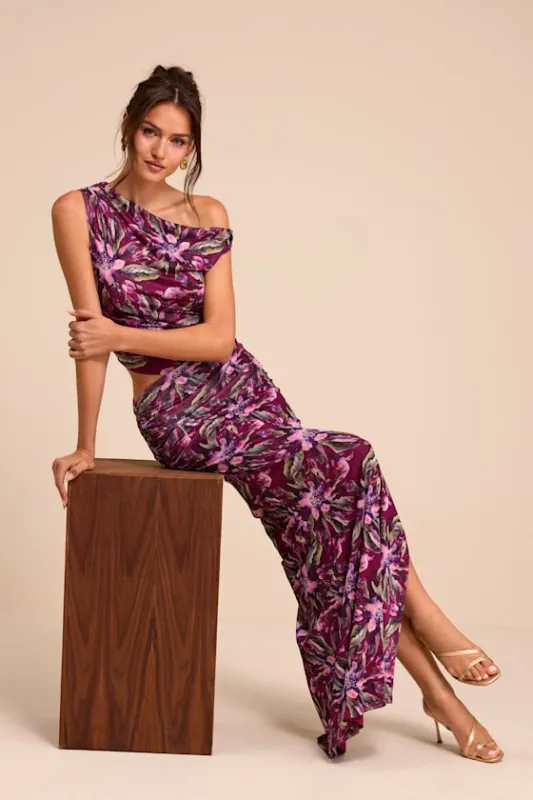 Veya Purple Multi Floral Mesh Asymmetrical Maxi Dress made by Lulus