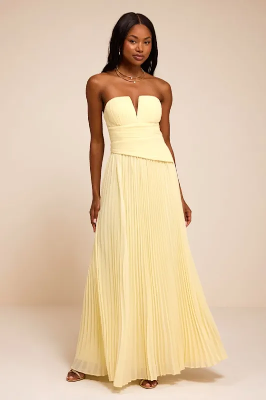 Zea Light Yellow Pleated Drop Waist Maxi Dress made by Lulus