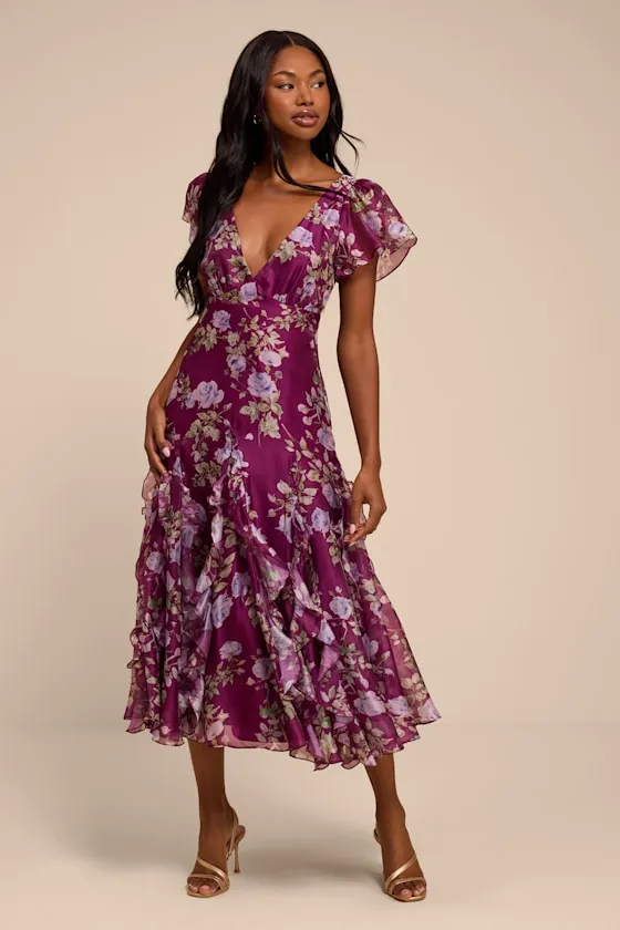 Deluca Plum Floral Ruffled Midi Dress sold by Lulus