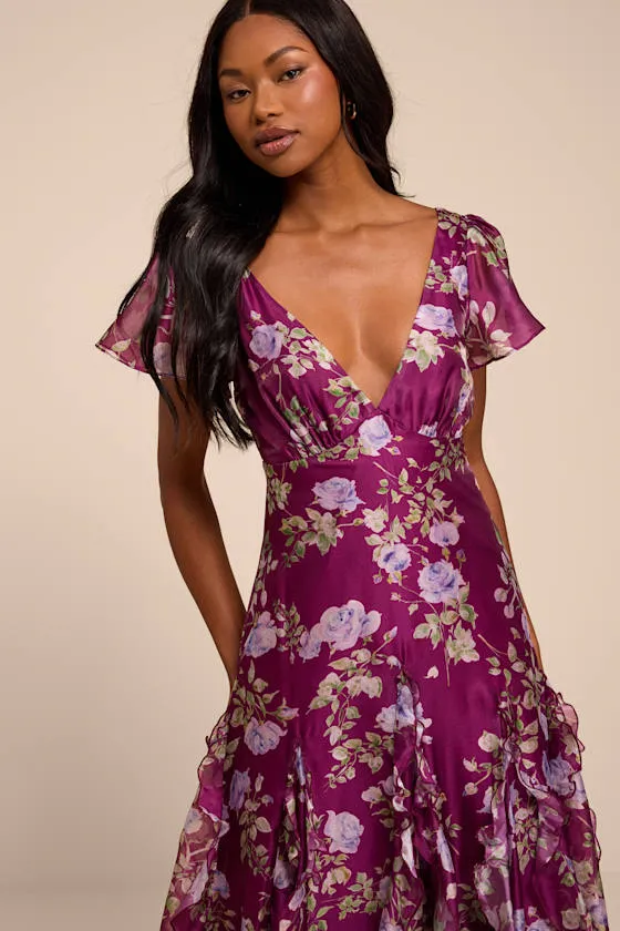 Deluca Plum Floral Ruffled Midi Dress sold by Lulus product image thumbnail 2
