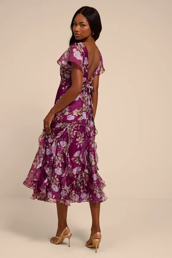 Deluca Plum Floral Ruffled Midi Dress sold by Lulus product image thumbnail 3