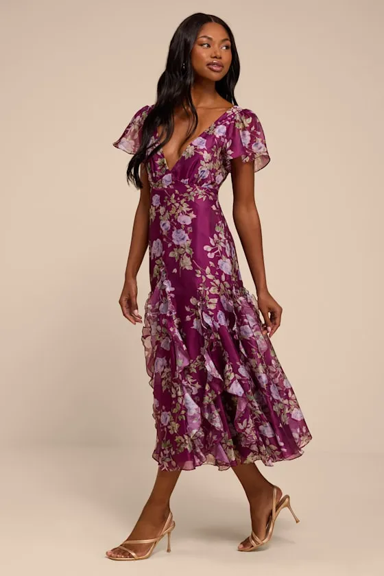 Deluca Plum Floral Ruffled Midi Dress sold by Lulus product image thumbnail 4