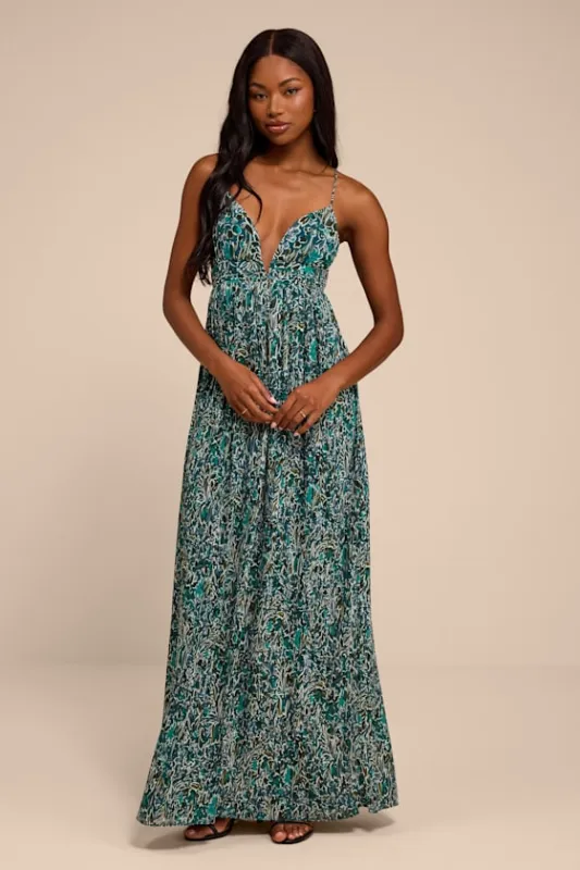 Kit Teal Multi Floral Pleated Lace-Up Maxi Dress made by Lulus