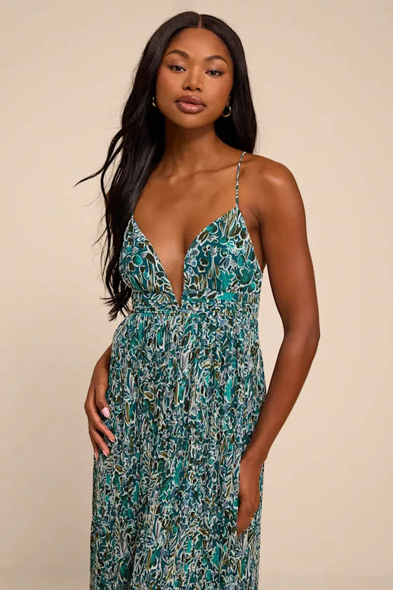 Kit Teal Multi Floral Pleated Lace-Up Maxi Dress sold by Lulus product image thumbnail 2