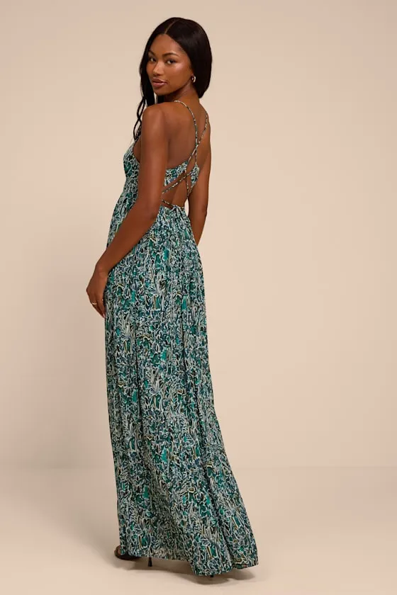 Kit Teal Multi Floral Pleated Lace-Up Maxi Dress sold by Lulus product image thumbnail 3