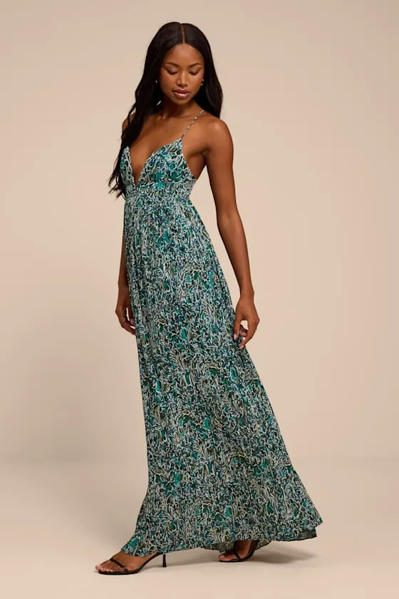Kit Teal Multi Floral Pleated Lace-Up Maxi Dress sold by Lulus product image thumbnail 4