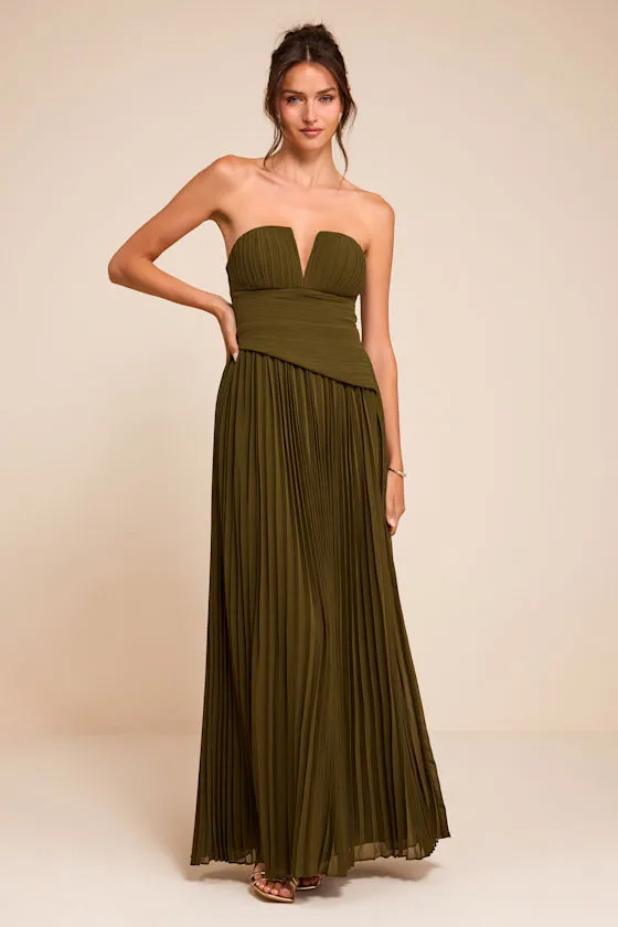 Zea Olive Green Pleated Drop Waist Maxi Dress sold by Lulus