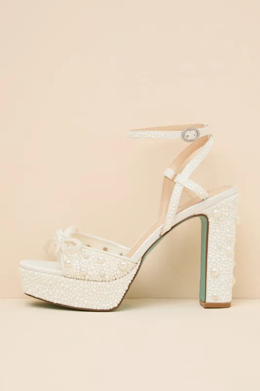 Enola Ivory Pearl Platform Ankle Strap High Heel Sandals made by Betsey Johnson