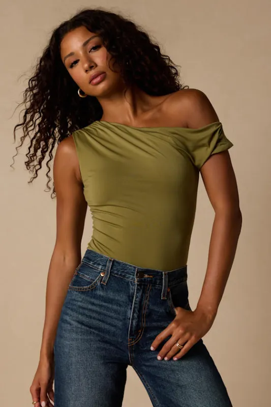Lulah Olive Green Slinky Knit Asymmetrical Bodysuit made by Lulus