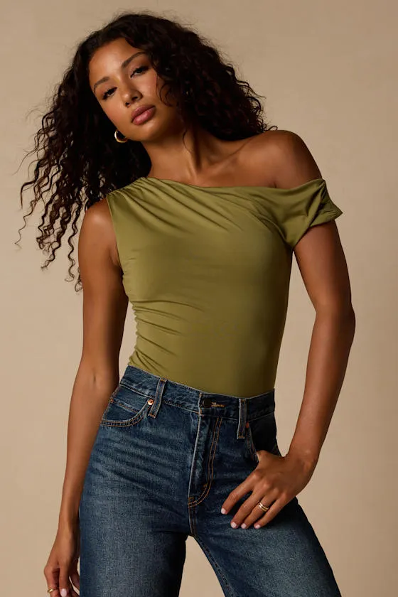 Lulah Olive Green Slinky Knit Asymmetrical Bodysuit sold by Lulus