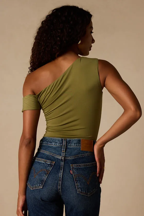 Lulah Olive Green Slinky Knit Asymmetrical Bodysuit sold by Lulus product image thumbnail 2