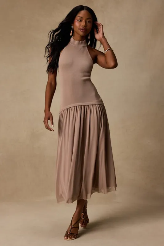Drusilla Taupe Drop Waist Midi Dress made by Lulus