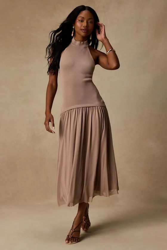 Drusilla Taupe Drop Waist Midi Dress sold by Lulus