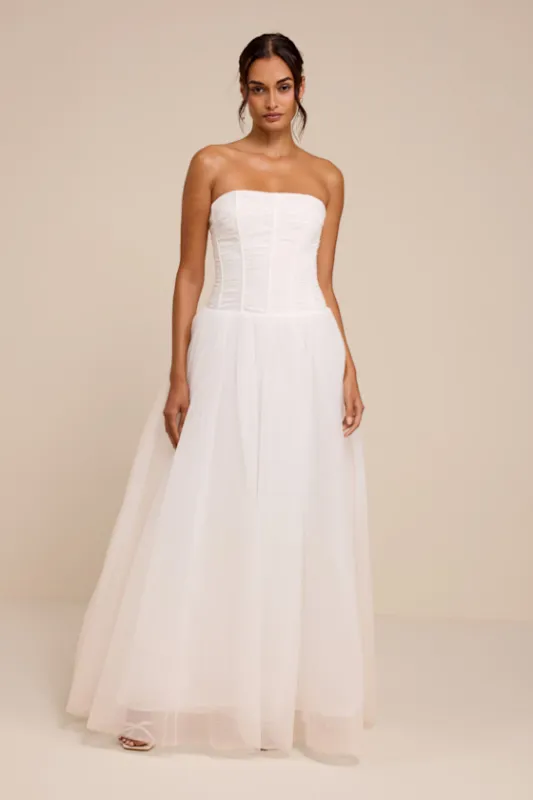 Dulce White Tulle Bustier Wedding Dress made by Lulus