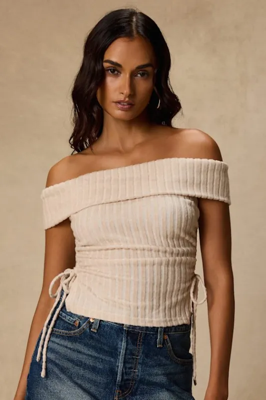 Saphira Cream Ribbed Knit Off-the-Shoulder Top made by Lulus
