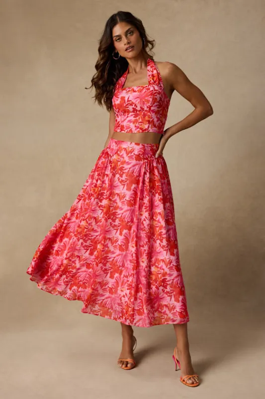 Nashira Pink Multi Floral High-Rise Midi Skirt made by Lulus
