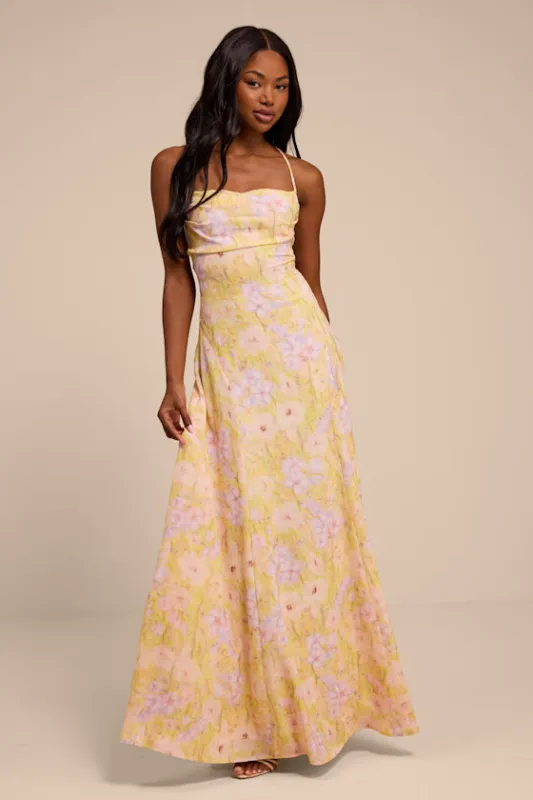 Chelly Yellow Multi Floral Lace-Up Maxi Dress made by Lulus
