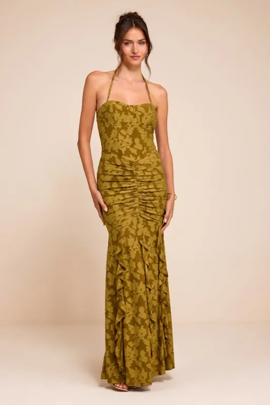 Dimona Olive Floral Burnout Ruched Maxi Dress made by Lulus