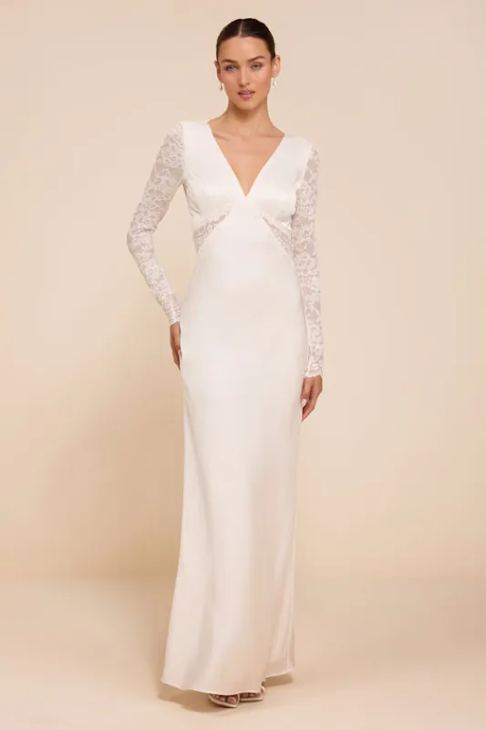 Lyric White Satin Lace Column Wedding Dress made by Lulus