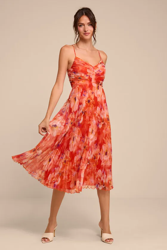 Whitley Orange Floral Pleated Sleeveless Midi Dress sold by Lulus
