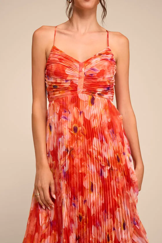 Whitley Orange Floral Pleated Sleeveless Midi Dress sold by Lulus product image thumbnail 2