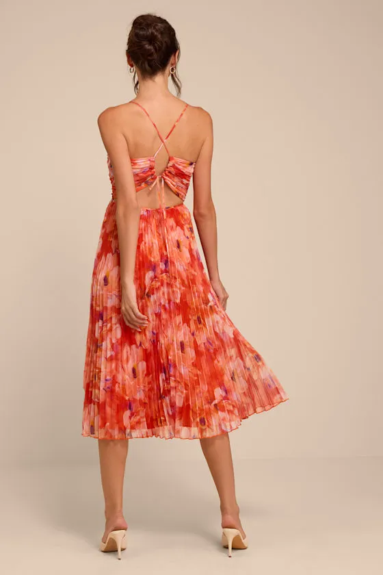 Whitley Orange Floral Pleated Sleeveless Midi Dress sold by Lulus product image thumbnail 3