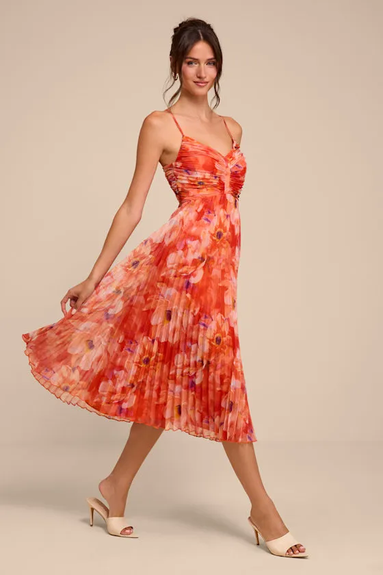 Whitley Orange Floral Pleated Sleeveless Midi Dress sold by Lulus product image thumbnail 4