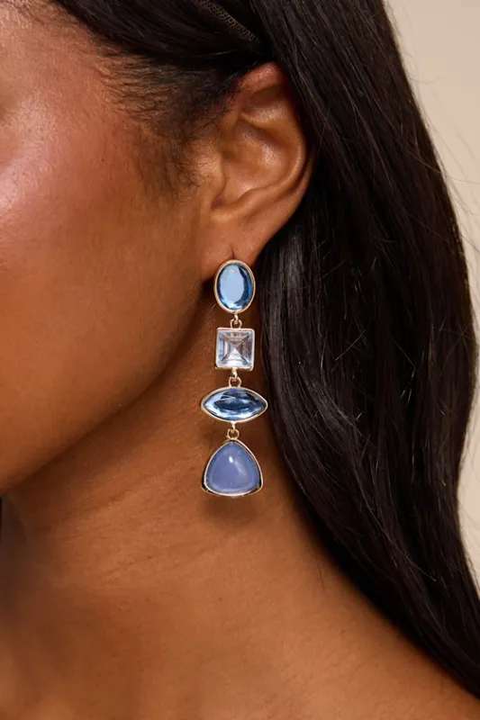 Blair Blue Rhinestone Drop Earrings made by Lulus