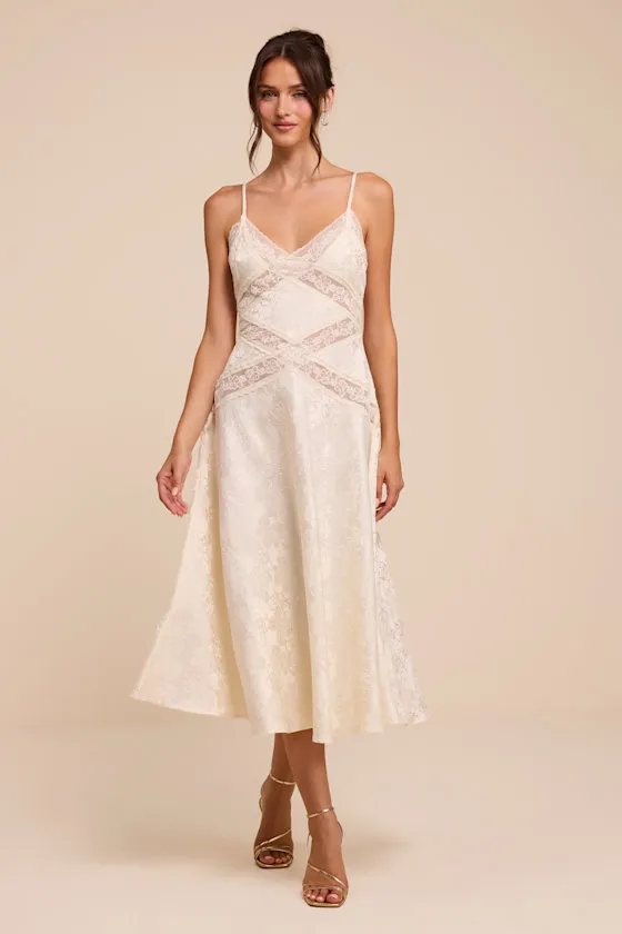 Adia Ivory Floral Jacquard Satin Midi Dress sold by Lulus