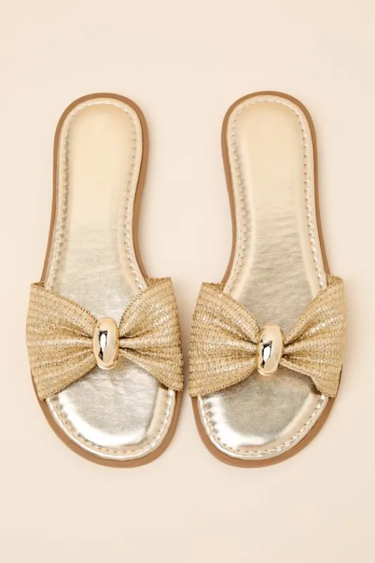 Nara Gold Raffia Slide Sandals made by Lulus