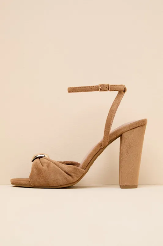 Amarina Camel Suede Ankle Strap High Heel Sandals made by Lulus