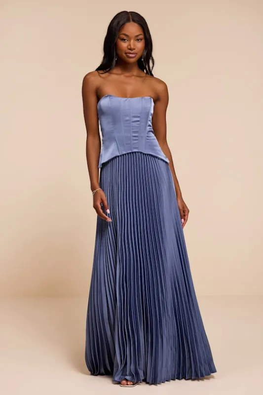 Makani Slate Blue Satin Bustier Maxi Dress made by Lulus
