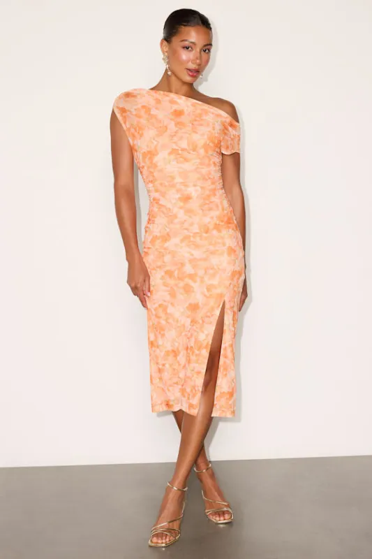 Moriah Light Orange Floral Mesh Asymmetrical Midi Dress made by Lulus
