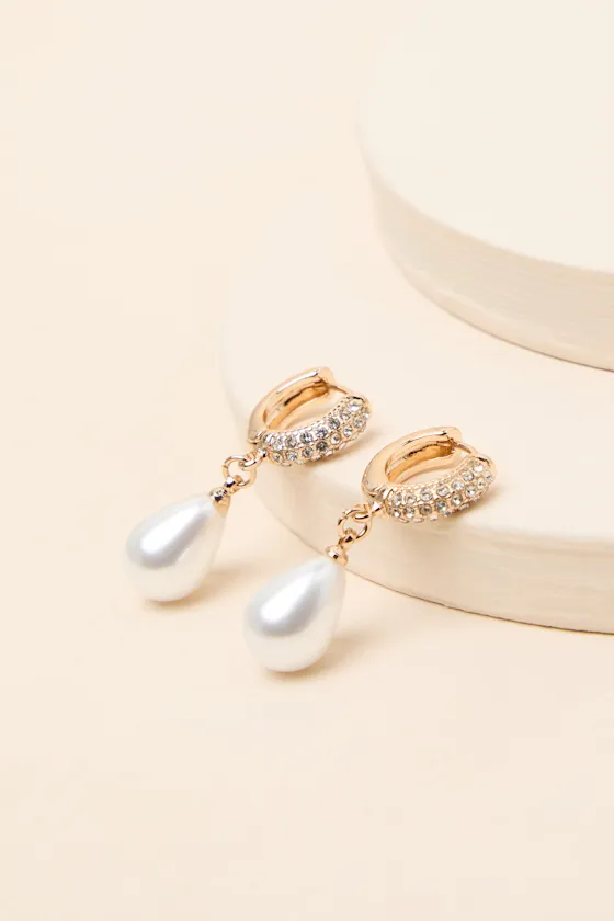 Ria Gold Rhinestone Pearl Drop Earrings sold by Lulus product image thumbnail 2