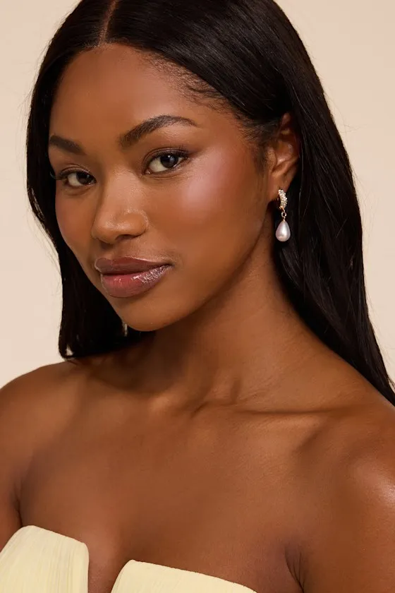 Ria Gold Rhinestone Pearl Drop Earrings sold by Lulus product image thumbnail 3
