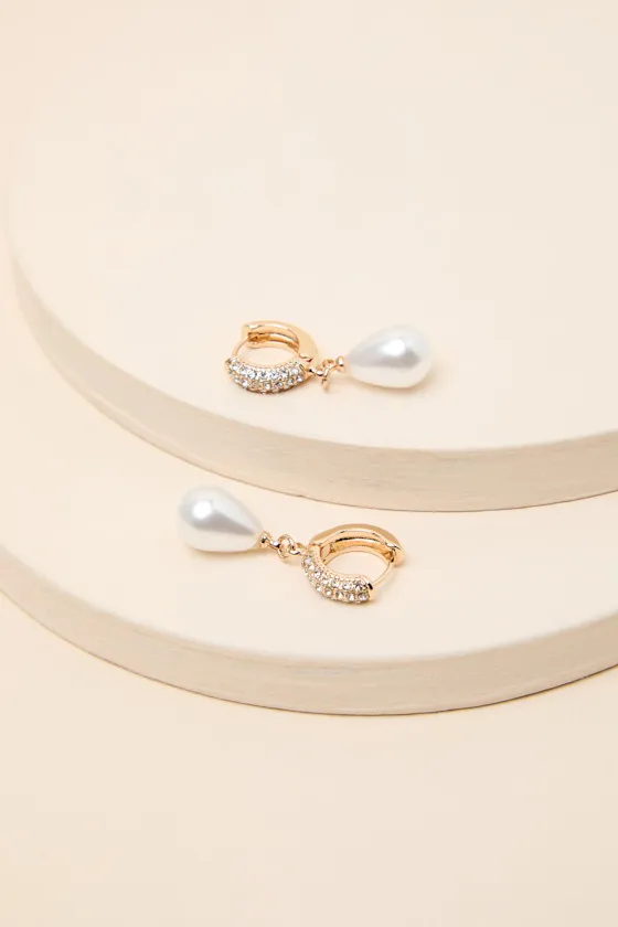 Ria Gold Rhinestone Pearl Drop Earrings sold by Lulus product image thumbnail 4